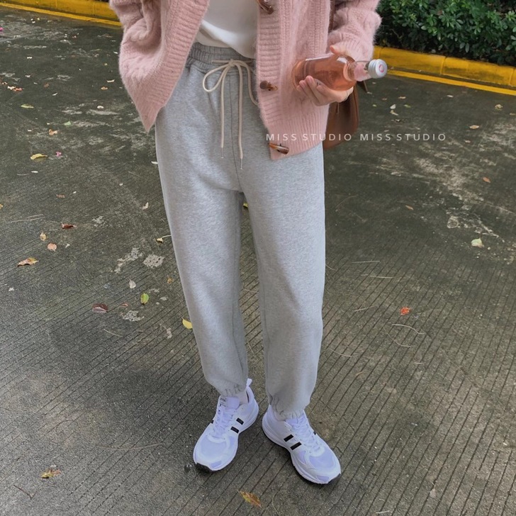加绒运动裤子女秋冬2020新款灰色宽松束脚...