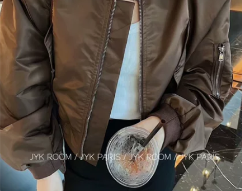 JYK 2021年新款咖啡色短款拉链长袖棒...