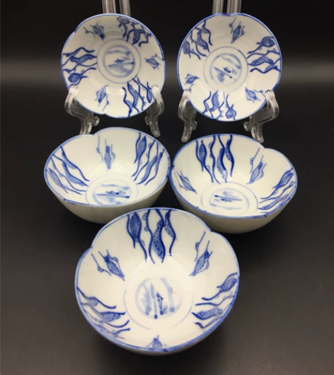 日本回流瓷器 青花手绘内绘老茶碗，五客碗。...