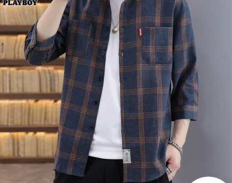 花花公子格子衬衫男士潮牌七分袖痞帅休闲外套...