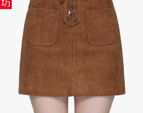 艳姿坊秋冬新款高腰复古短裙女包臀麂皮A字裙...