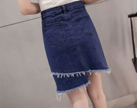 女装高腰毛边牛仔短裙半身A字裙学生拼接包臀...