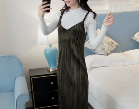 2新款秋冬金丝绒中长款百褶裙修身显瘦气质吊...