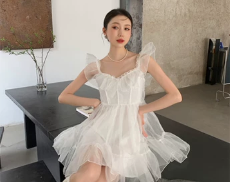 洋气甜美网纱荷叶边蓬蓬吊带裙2021夏季新...