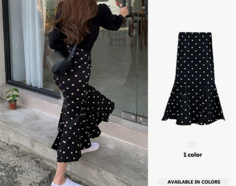 波点鱼尾裙女春秋新款韩版百搭高腰显瘦黑色半...