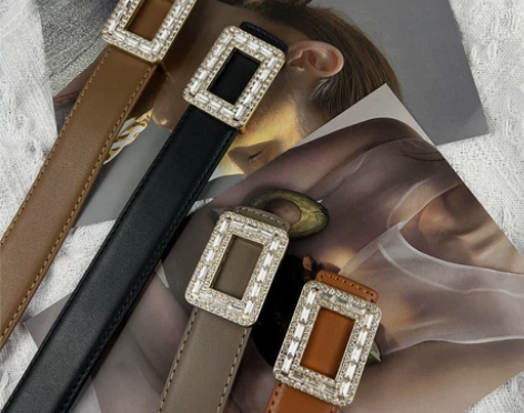 新款真皮皮带女士水钻扣牛仔裤腰带装饰配裙子...