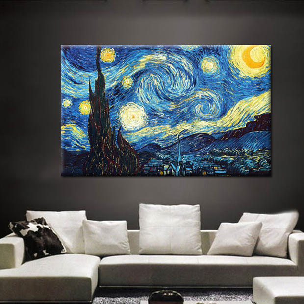 梵高星空星夜油画布打印油画画客厅餐厅卧室抽...