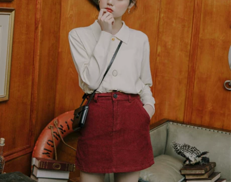 爱爱丸港风高腰灯芯绒遮胯显瘦半身裙2019...