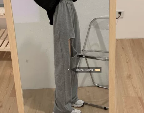 破洞高腰运动裤休闲裤女装灰色长裤春夏宽松阔...