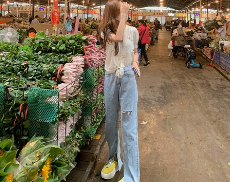 破洞牛仔裤女夏天薄款直筒宽松高腰显瘦开叉垂...