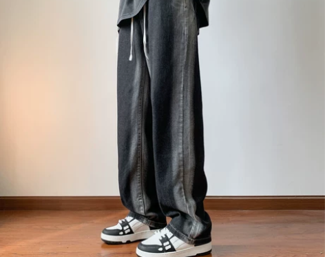 牛仔裤秋季直筒宽松男冬季裤子加绒加厚黑色