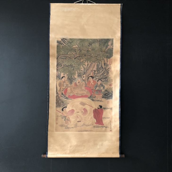 【丁观鹏】掃象图，三尺中堂作品