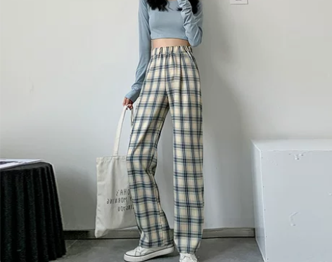 【狂欢价】格子裤子女夏季薄款高腰宽松直筒垂...