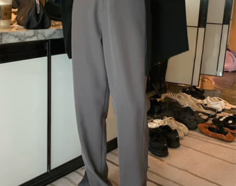 前开叉灰色阔腿西装裤女春夏高腰显瘦垂坠感直...