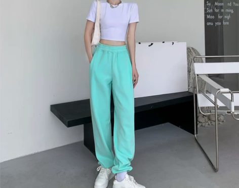 运动卫裤女装春秋高腰绿色显瘦宽松直筒抽绳束...