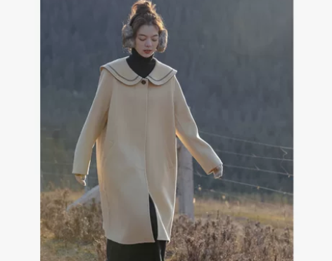 散文序/特种重工绣花 羊毛双面呢大衣女中长...