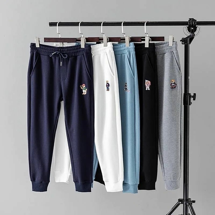 秋季长裤男华夫格面料刺绣小熊宽松休闲裤运动...