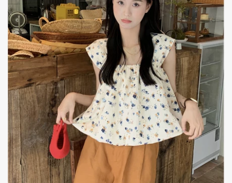 小清新方领重工刺绣碎花背心夏季2022新款...