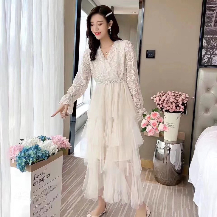 时尚气质温柔风长裙chic仙女甜美网纱荷叶...