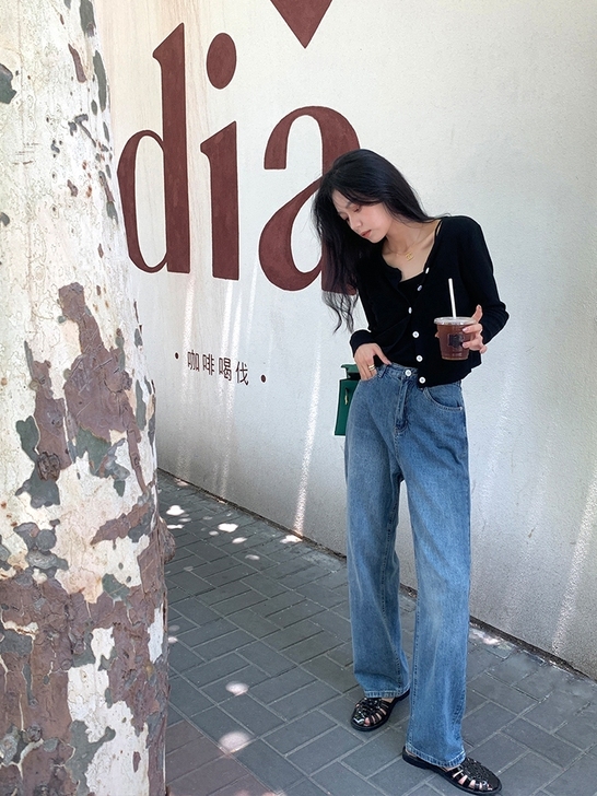 A7seven秋季新款复古牛仔裤女直筒宽松...