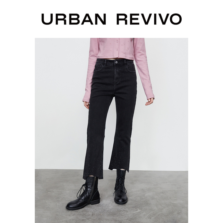 UR冬季新品青春女装合身做旧复古丹宁牛仔喇...