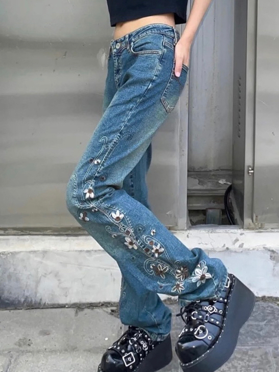 包邮vintage刺绣花复古微喇千禧y2k...