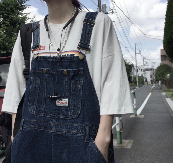 19韩国INS复古做旧背带牛仔裤港味bf宽...