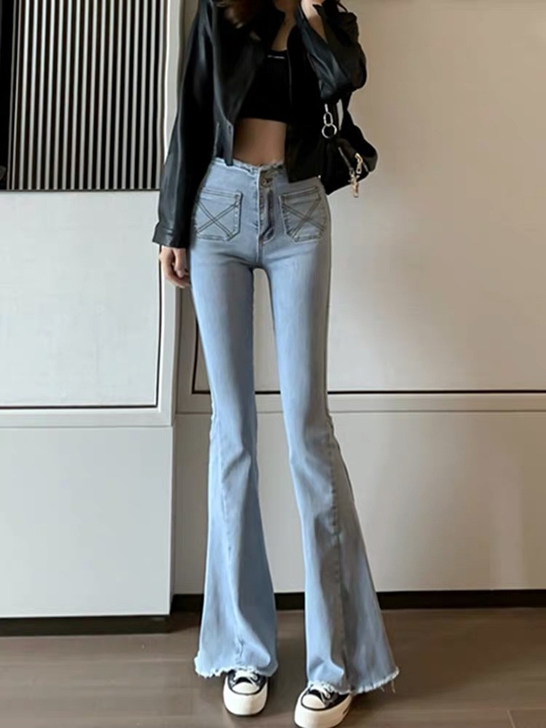 浅色毛边牛仔裤女春秋复古高腰垂感微喇叭阔腿...