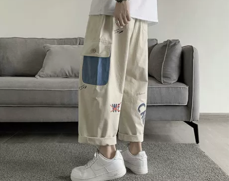 春秋涂鸦工装裤男潮牌胖子宽松直筒休闲长裤男...