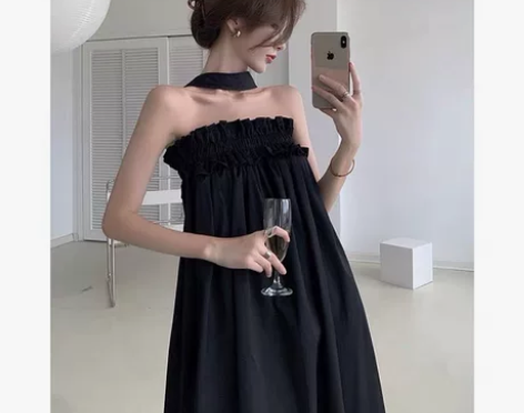 法式复古甜辣妹风抹胸挂脖吊带连衣裙子女别致...