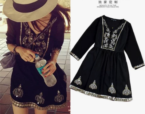民族风波西米亚钉珠刺绣连衣裙女夏季复古气…...