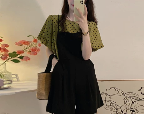 黑色背带裤短裤女设计感小众夏季薄款韩版宽松...
