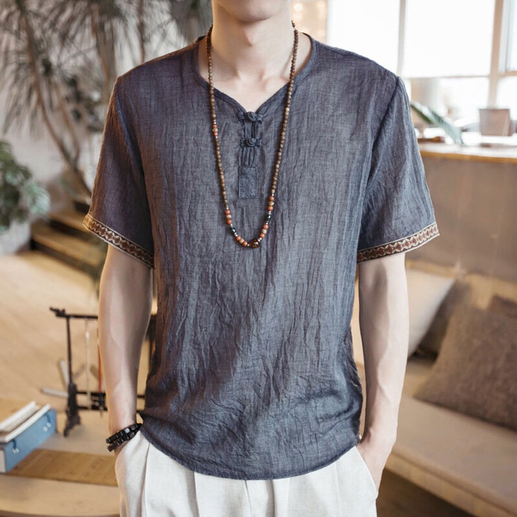 中国风男装棉麻T恤夏季宽松 汉服短袖古风上...