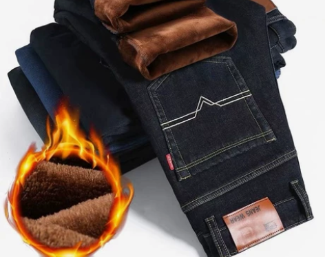 秋冬季加绒加厚款男士牛仔裤弹力宽松直筒高腰...