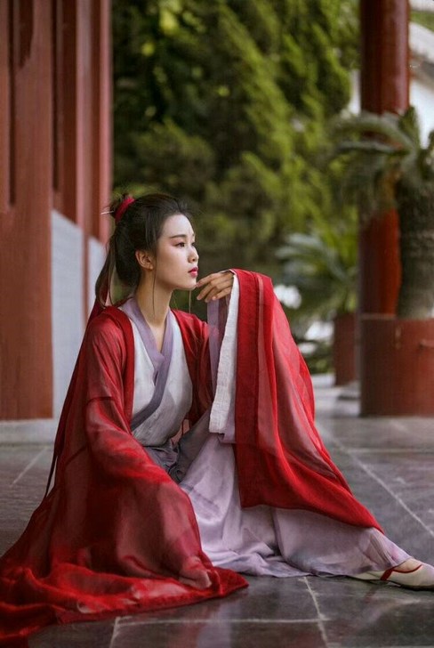 侠客古风红颜传统汉服女魏晋风红色齐腰襦裙广...