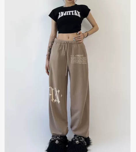 ANJITT美式复古个性哥特印花运动卫裤宽...