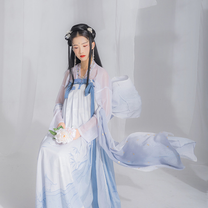 汉尚华莲画壁原创汉服印花对襟高腰齐胸衫裙性...