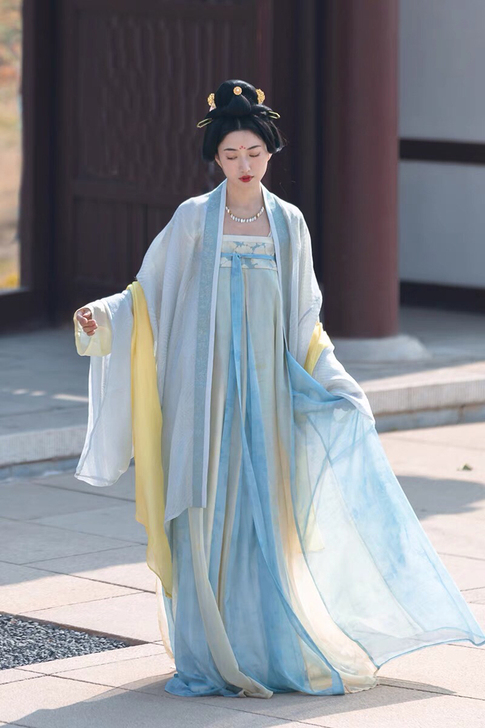 乔织-长安花-黄与蓝-晚唐齐胸大袖衫裥褶裙...