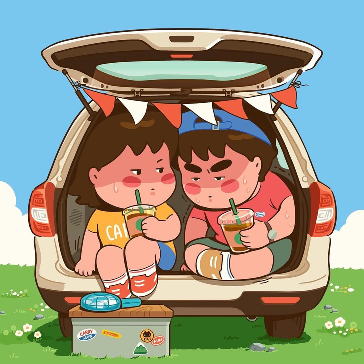 手绘板绘情侣插画要胖一起胖水彩手绘装饰画场...
