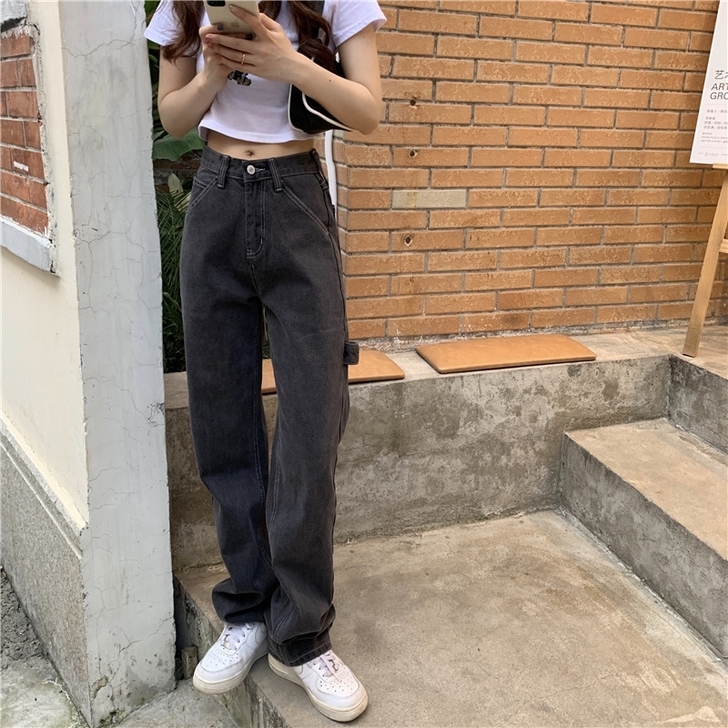 古着少女慵懒酷酷炭黑明线直筒牛仔裤