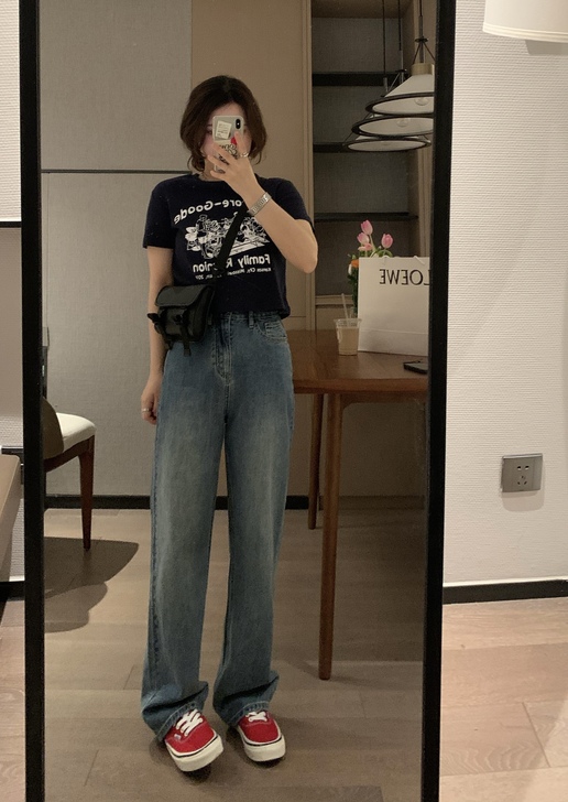 VEEE 这条复古蓝超好看 显瘦直筒慵懒韩...