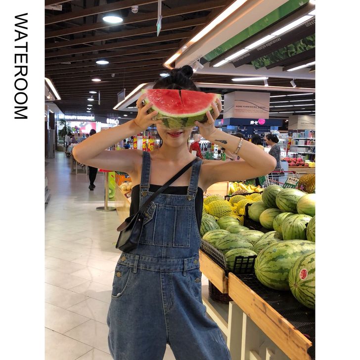 WATEROOM背带裤女宽松高腰显瘦直筒牛...