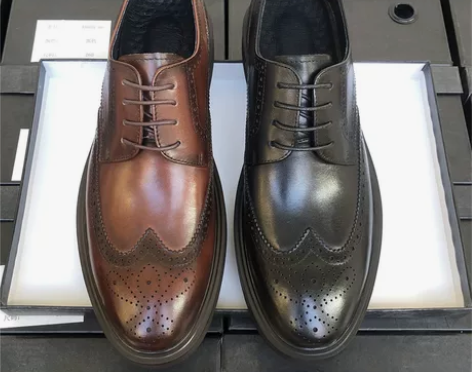 宽头布洛克雕花皮鞋男商务正装真皮透气西装工...