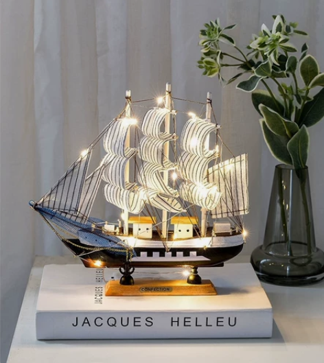 清仓帆船模型摆件带灯木质工艺船一帆风顺男毕...