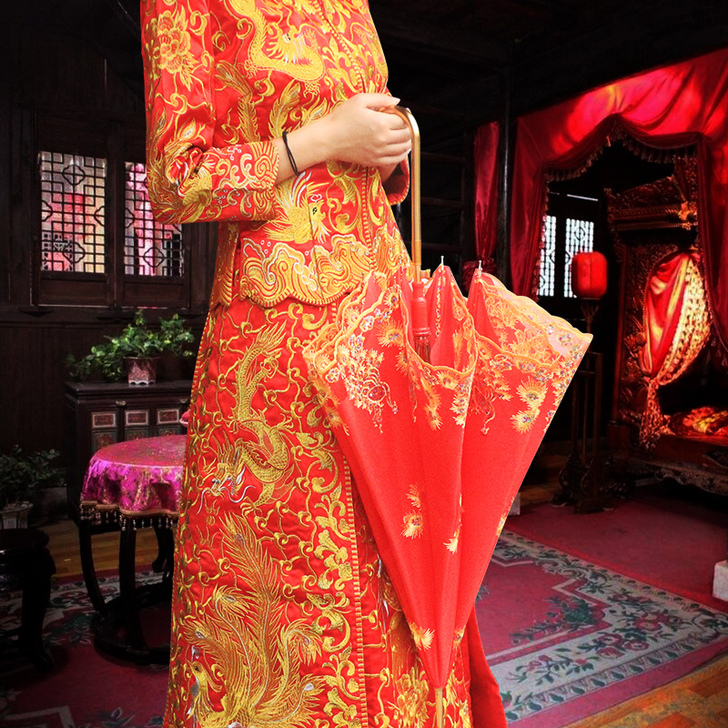 红色伞婚庆结婚用红雨伞新娘伞出门出嫁蕾丝长...