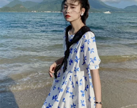 时差 圆领印花连衣裙女夏新款法式气质短袖宽...