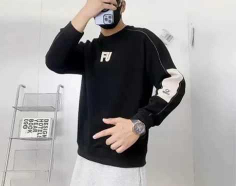 2022加绒秋季男士圆领纯棉休闲拼接套头圆...