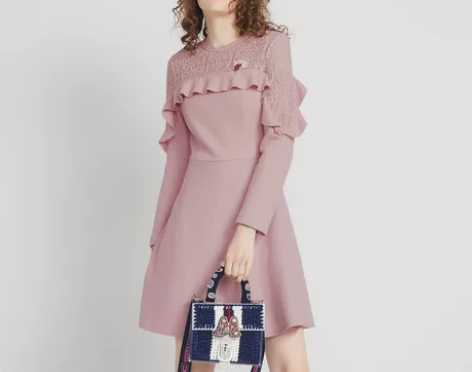 mikibana浅粉色修身显瘦荷叶边蕾丝拼...