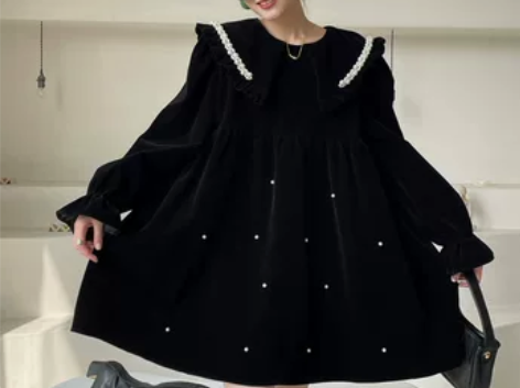 法式珍珠娃娃领大码丝绒连衣裙女秋冬红色宽松...