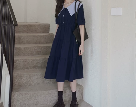 日系学院风藏青色娃娃领连衣裙女夏女装202...